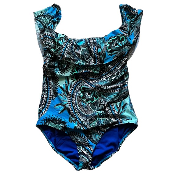 Jantzen blue off shoulder one pc paisley pattern bathing suit sz 10 - Picture 1 of 5
